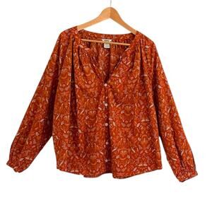 Duluth Printmaker Orange Floral Mushroom Peasant Shirt Organic Cotton Large